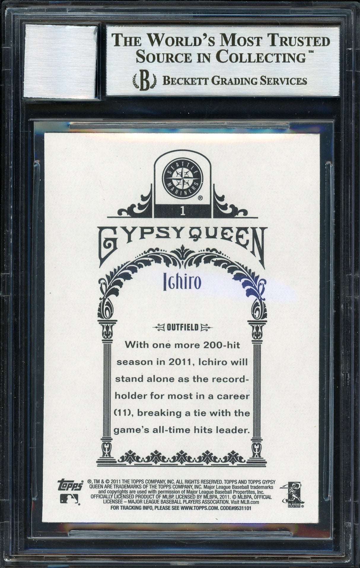 Ichiro Suzuki Autographed 2011 Topps Gypsy Queen Card #1 Seattle Mariners Auto Grade 10 Beckett BAS #12669857