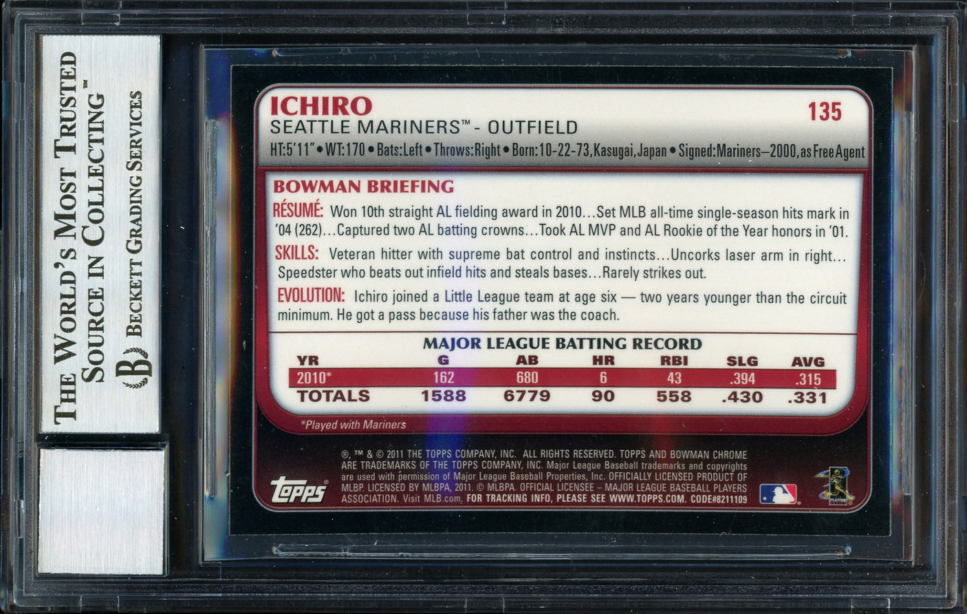 Ichiro Suzuki Autographed 2011 Bowman Chrome Card #135 Seattle Mariners Auto Grade 10 Beckett BAS #12669861