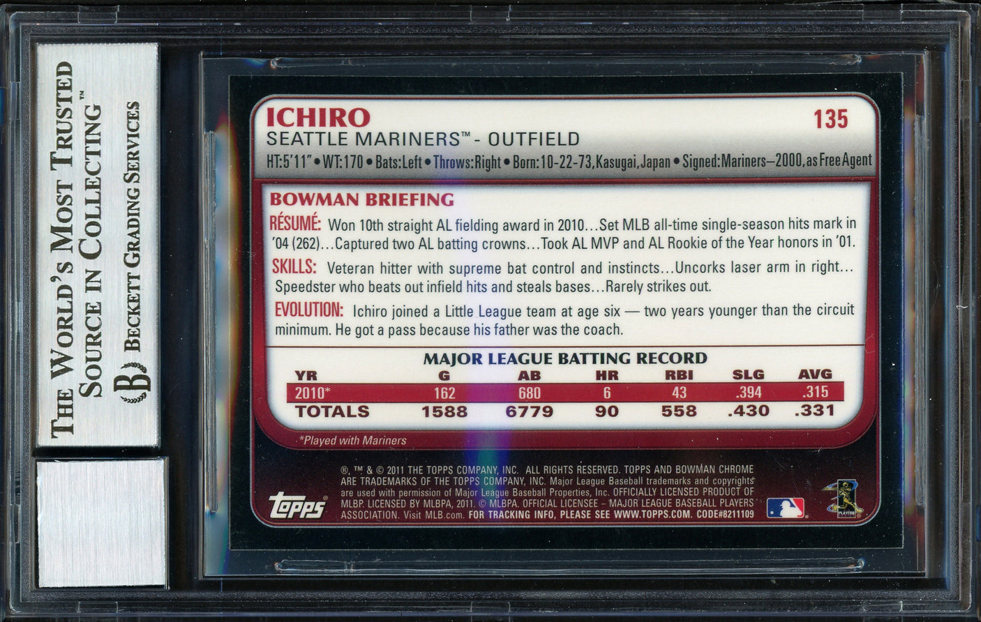 Ichiro Suzuki Autographed 2011 Bowman Chrome Card #135 Seattle Mariners Auto Grade 10 Beckett BAS #12669862