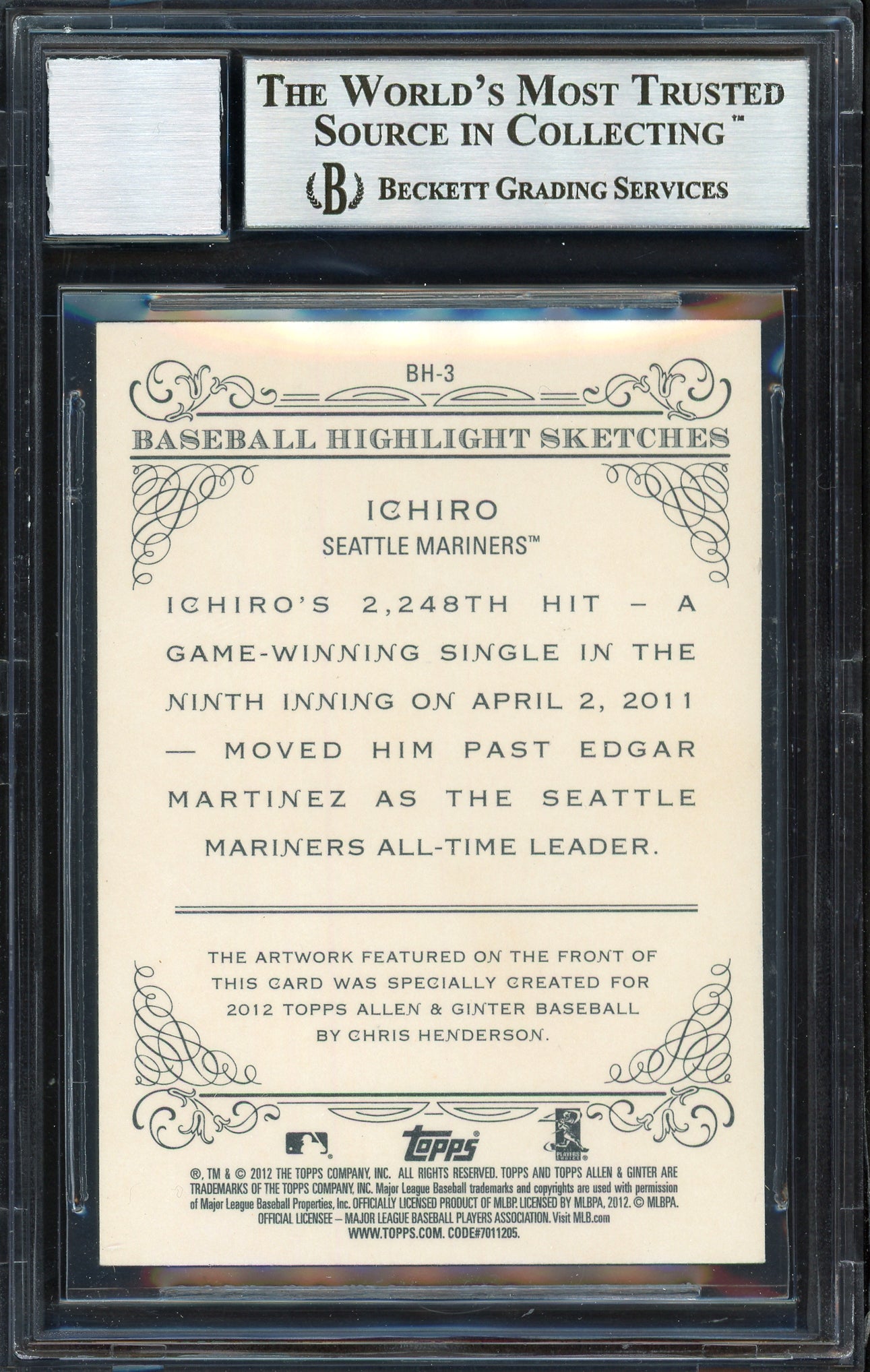 Ichiro Suzuki Autographed 2012 Topps Allen & Ginter Highlight Sketches Card #BH-3 Seattle Mariners Auto Grade 10 Beckett BAS #12669883