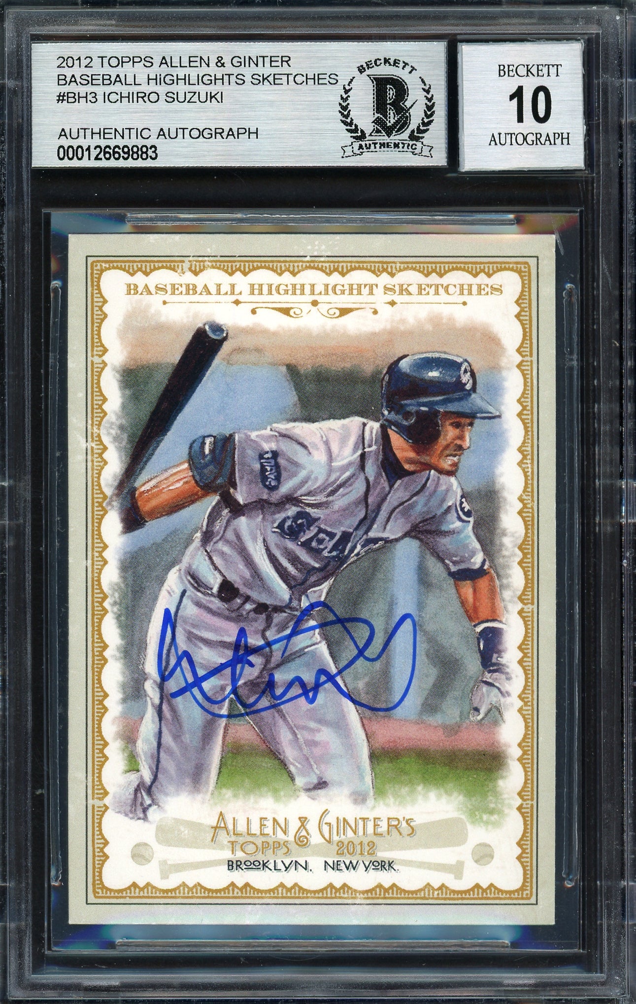 Ichiro Suzuki Autographed 2012 Topps Allen & Ginter Highlight Sketches Card #BH-3 Seattle Mariners Auto Grade 10 Beckett BAS #12669883