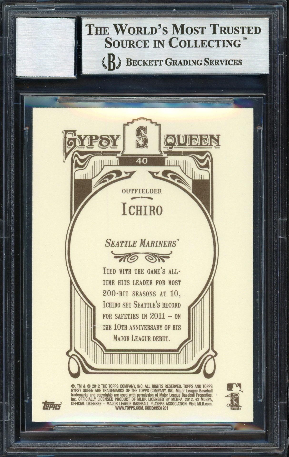 Ichiro Suzuki Autographed 2012 Topps Gypsy Queen Card #40 Seattle Mariners Auto Grade 10 Beckett BAS Stock #189915