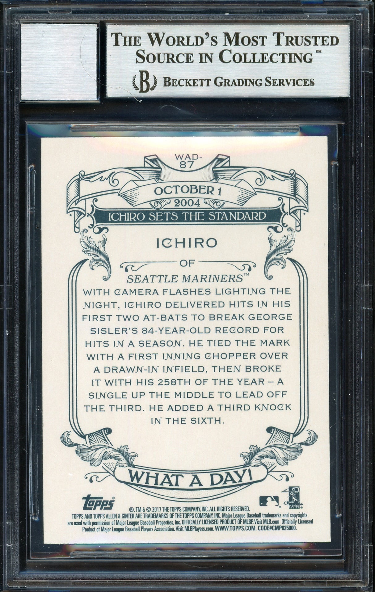 Ichiro Suzuki Autographed 2017 Topps Allen & Ginter What A Day Card #WAD-87 Seattle Mariners Auto Grade 10 Beckett BAS Stock #189933