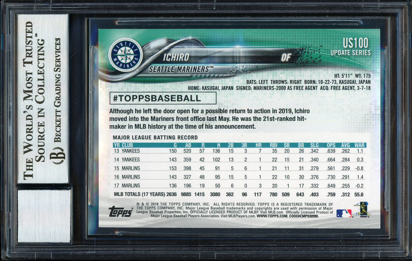 Ichiro Suzuki Autographed 2018 Topps Update Card #US100 Seattle Mariners Auto Grade 10 Beckett BAS #12670073