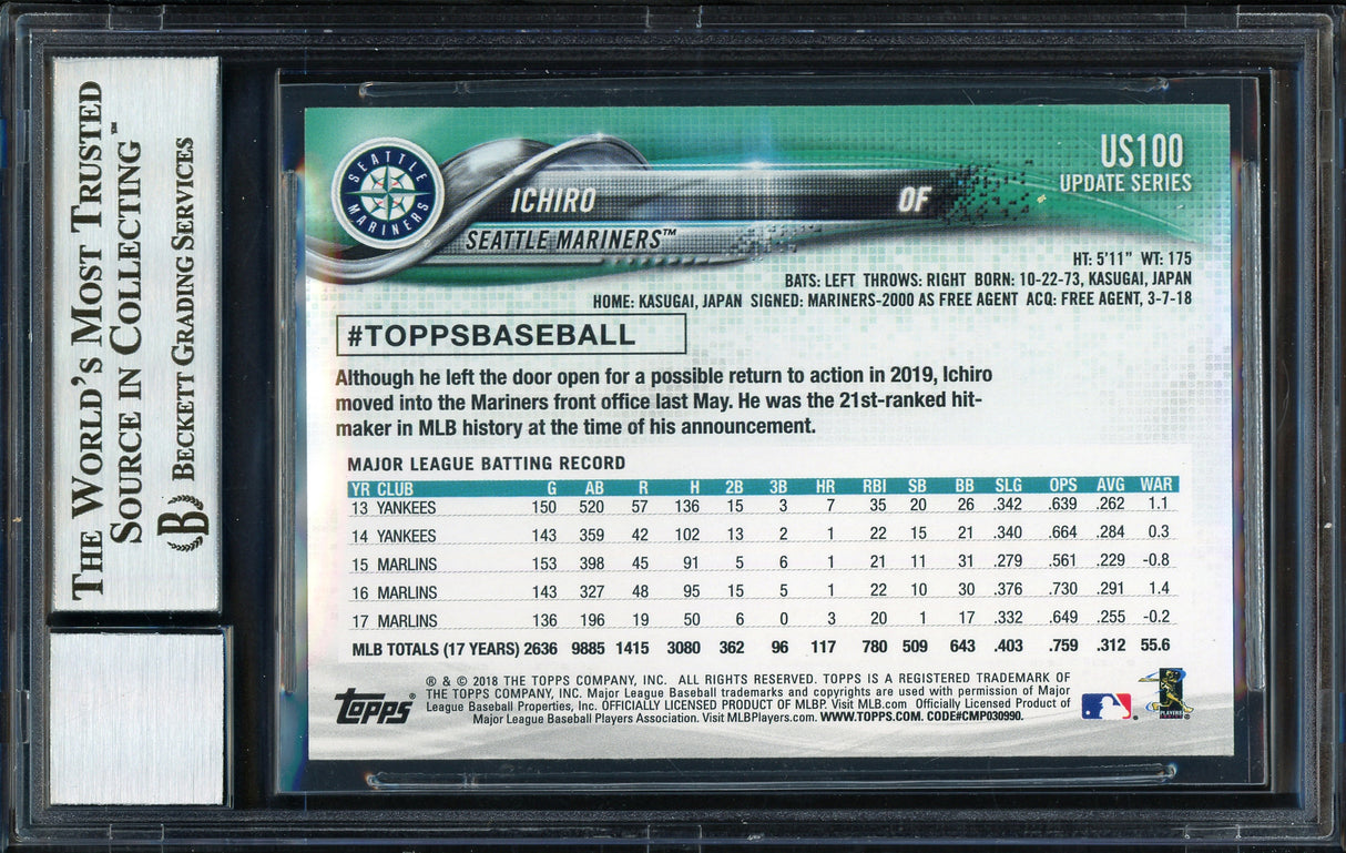 Ichiro Suzuki Autographed 2018 Topps Update Card #US100 Seattle Mariners Auto Grade 10 Beckett BAS #12670074