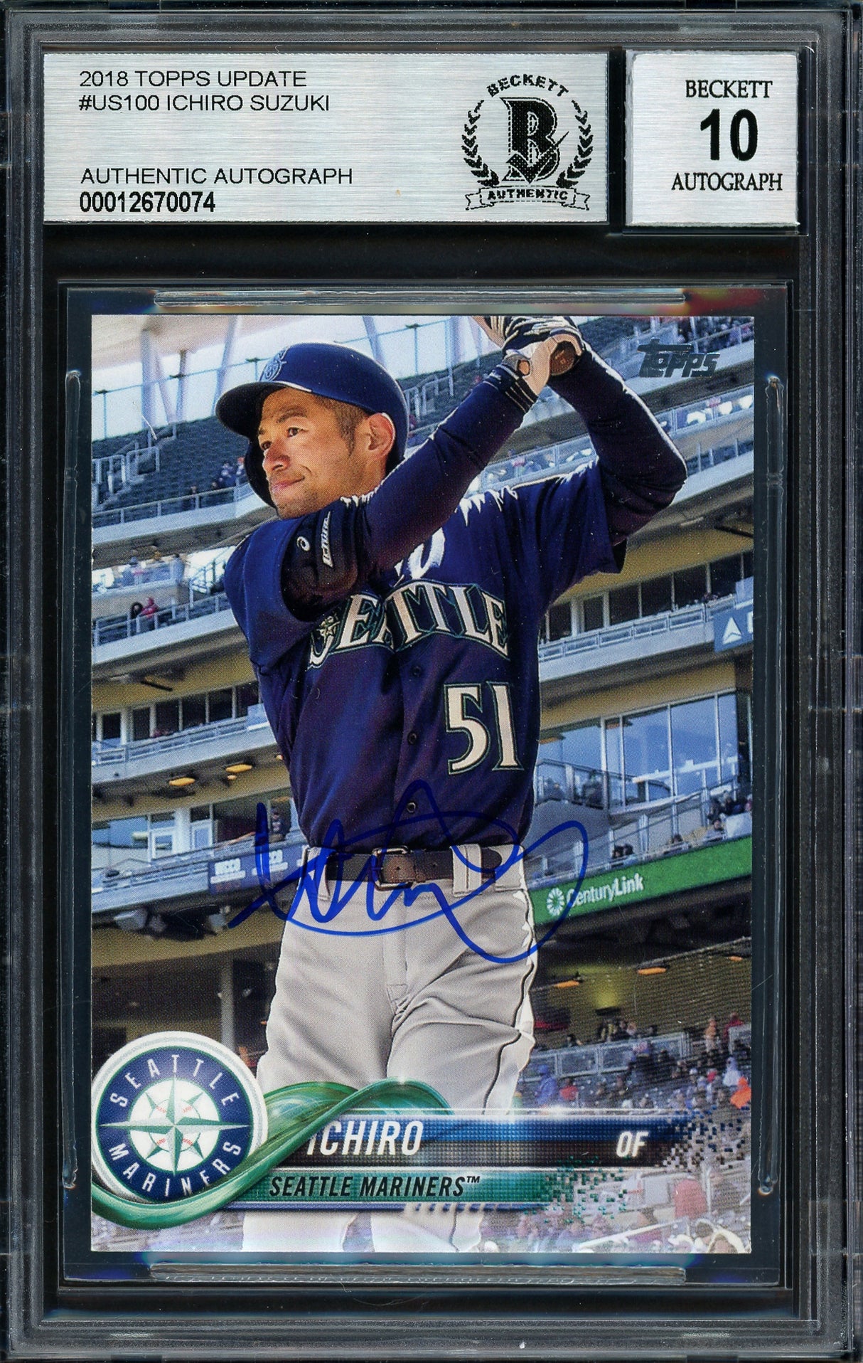 Ichiro Suzuki Autographed 2018 Topps Update Card #US100 Seattle Mariners Auto Grade 10 Beckett BAS #12670074