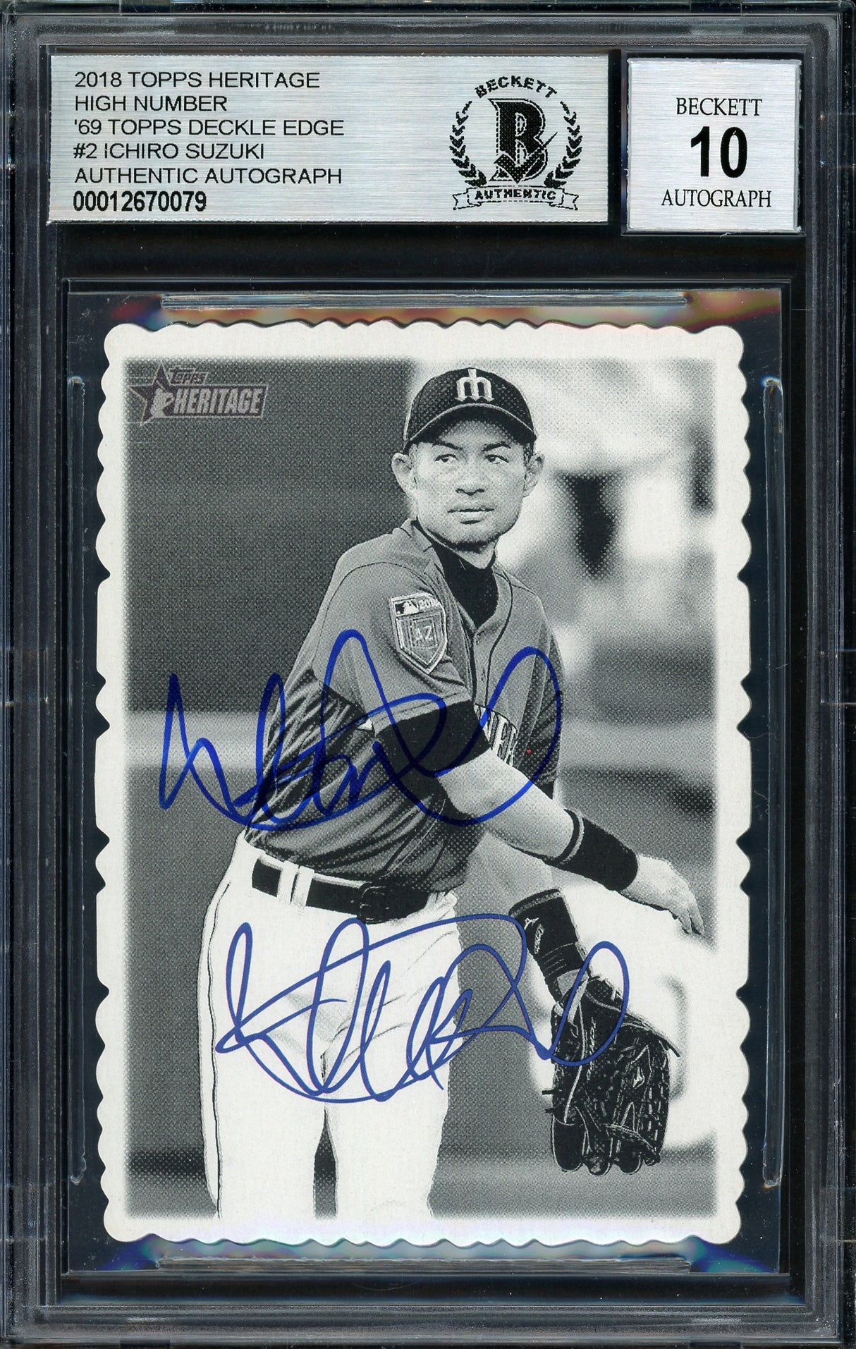Ichiro Suzuki Autographed 2018 Topps Heritage High Number Deckle Edge Card #2 Seattle Mariners Auto Grade 10 Beckett BAS #12670079