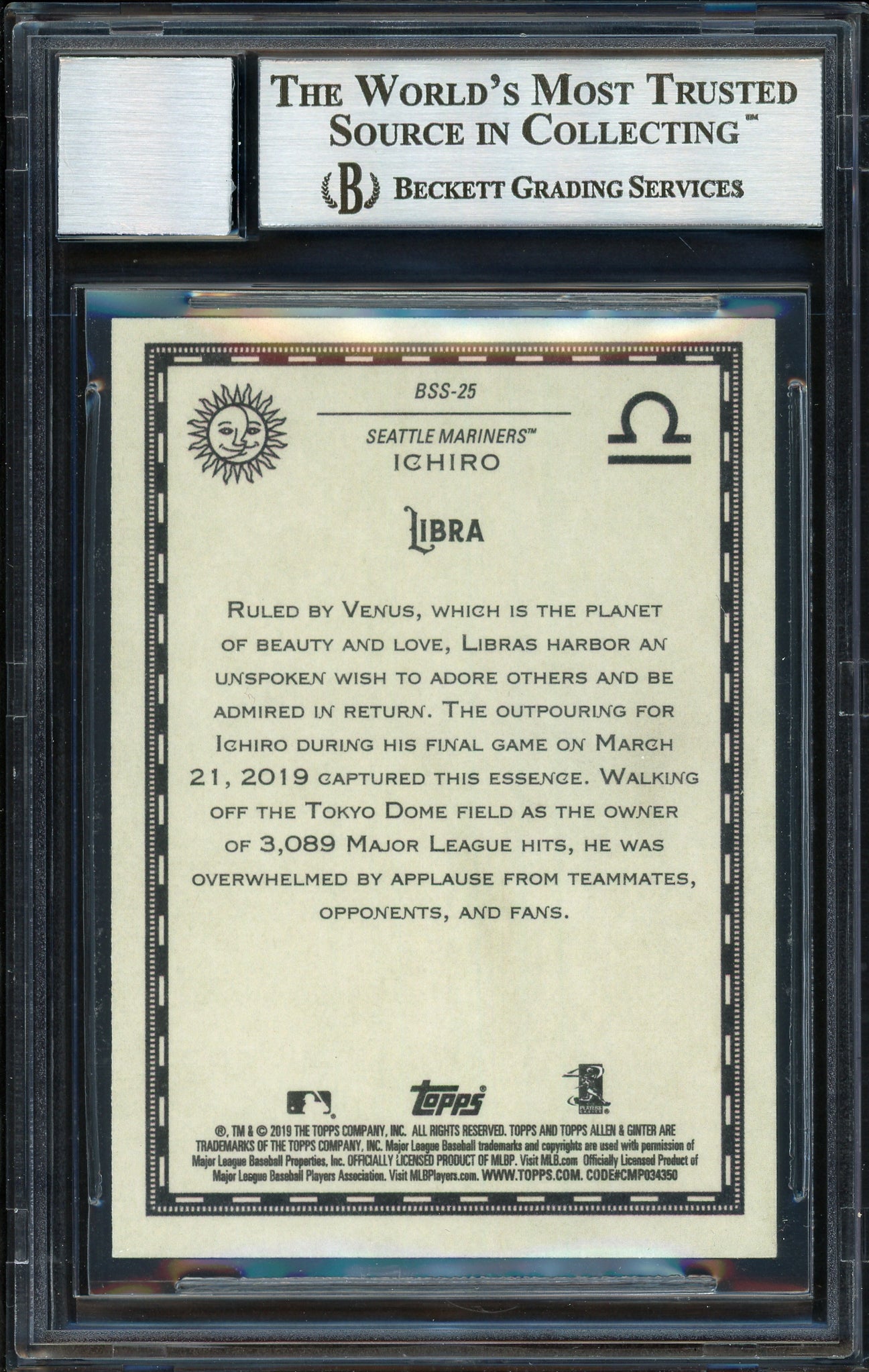 Ichiro Suzuki Autographed 2019 Topps Allen & Ginter Baseball Star Signs Card #BSS-25 Seattle Mariners Auto Grade 10 Beckett BAS #12670134
