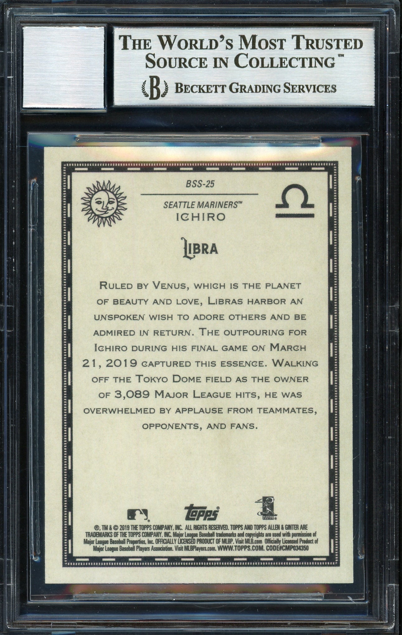 Ichiro Suzuki Autographed 2019 Topps Allen & Ginter Baseball Star Signs Card #BSS-25 Seattle Mariners Auto Grade 10 Beckett BAS #12670135