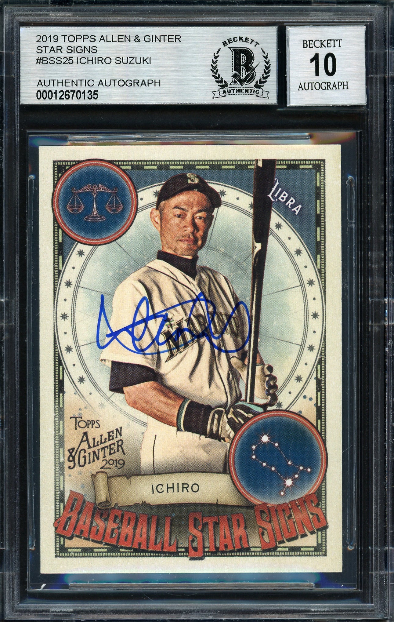 Ichiro Suzuki Autographed 2019 Topps Allen & Ginter Baseball Star Signs Card #BSS-25 Seattle Mariners Auto Grade 10 Beckett BAS #12670135
