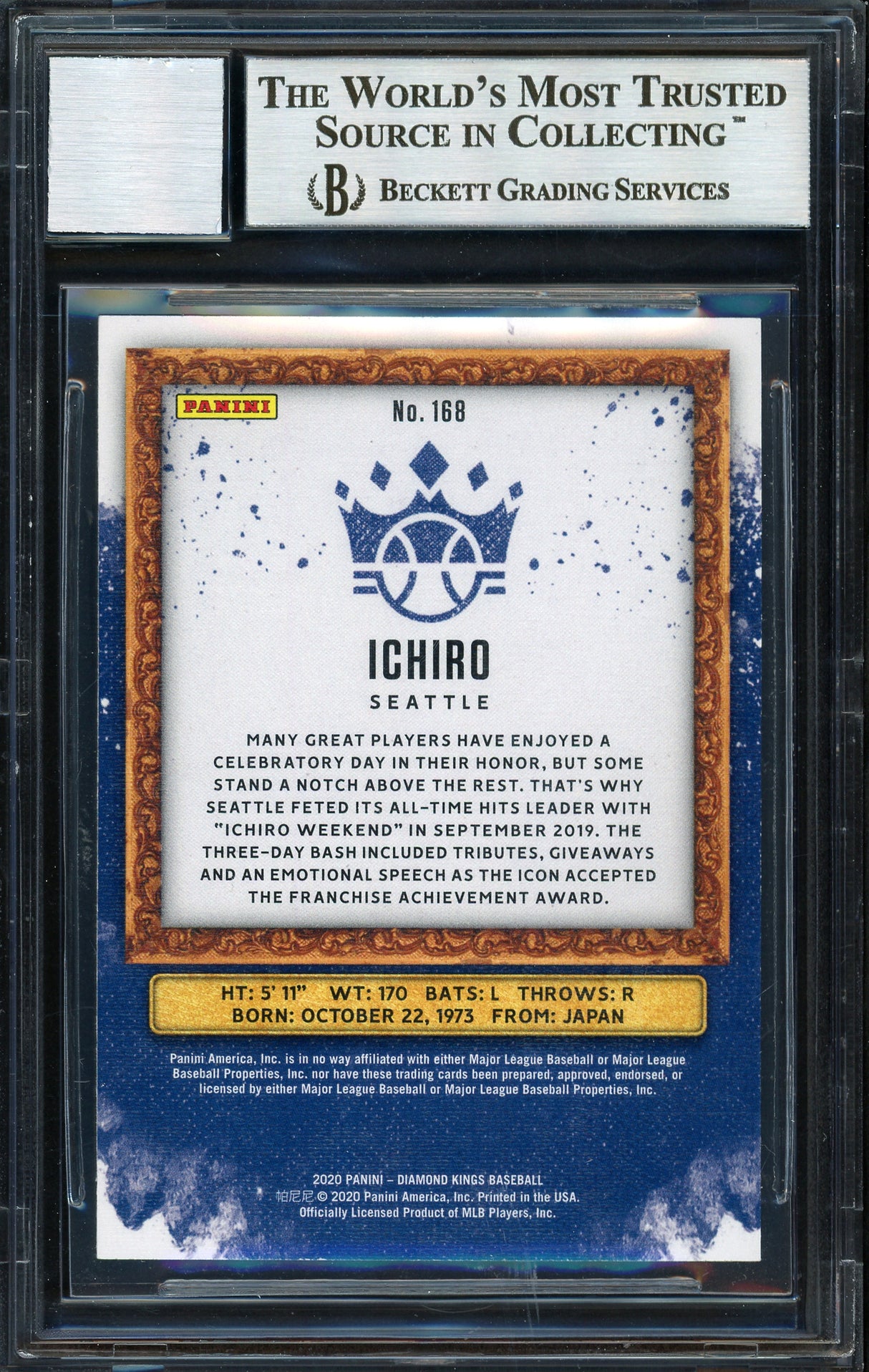 Ichiro Suzuki Autographed 2020 Panini Donruss Diamond Kings Card #168 Seattle Mariners Auto Grade 10 Beckett BAS Stock #189973