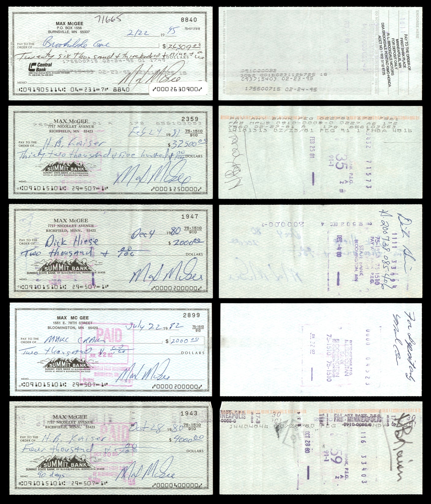 Max McGee Autographed 2.75x6 Check Green Bay Packers Lot of 20 SKU #174045