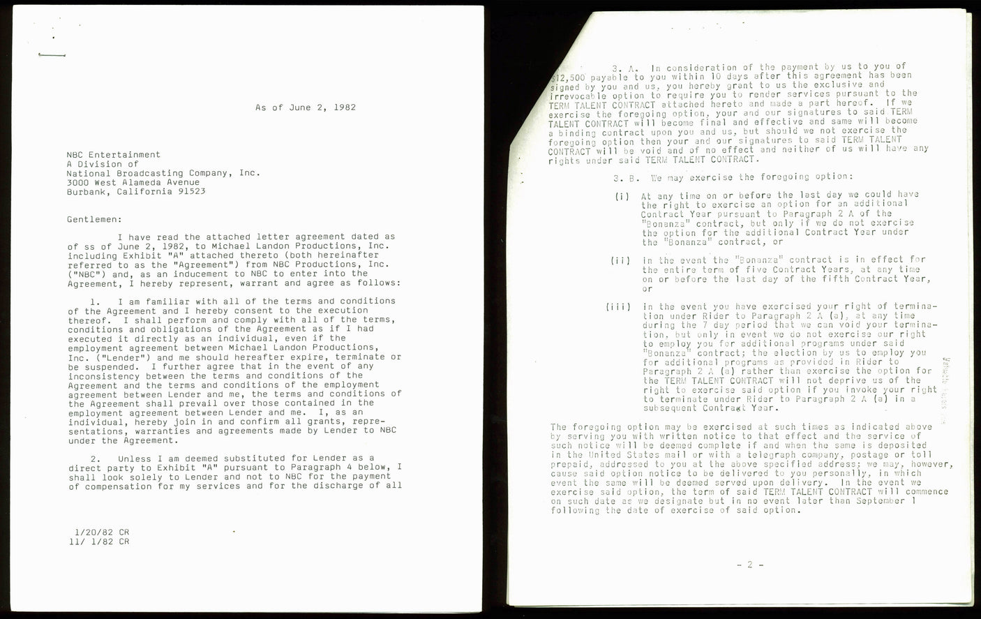 Michael Landon Bonanza Authentic Signed 1982 NBC Contract PSA/DNA #B61343