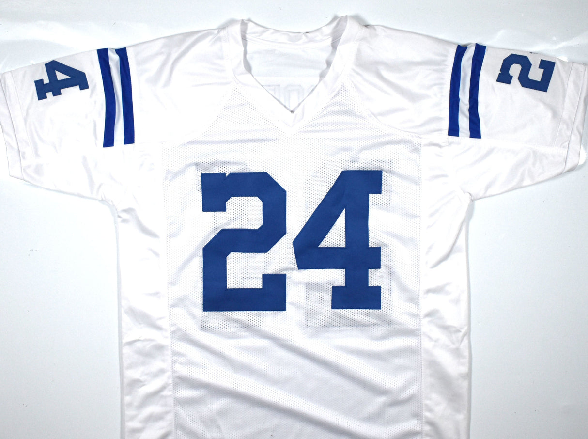 Lenny Moore Autographed White Pro Style Jersey w/ HOF - Prova *Silver