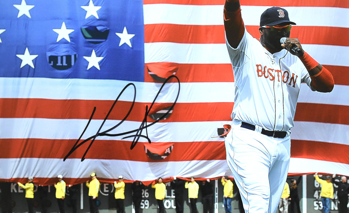 David Ortiz Autographed Boston Red Sox 16x20 Flag Photo - Beckett W Hologram