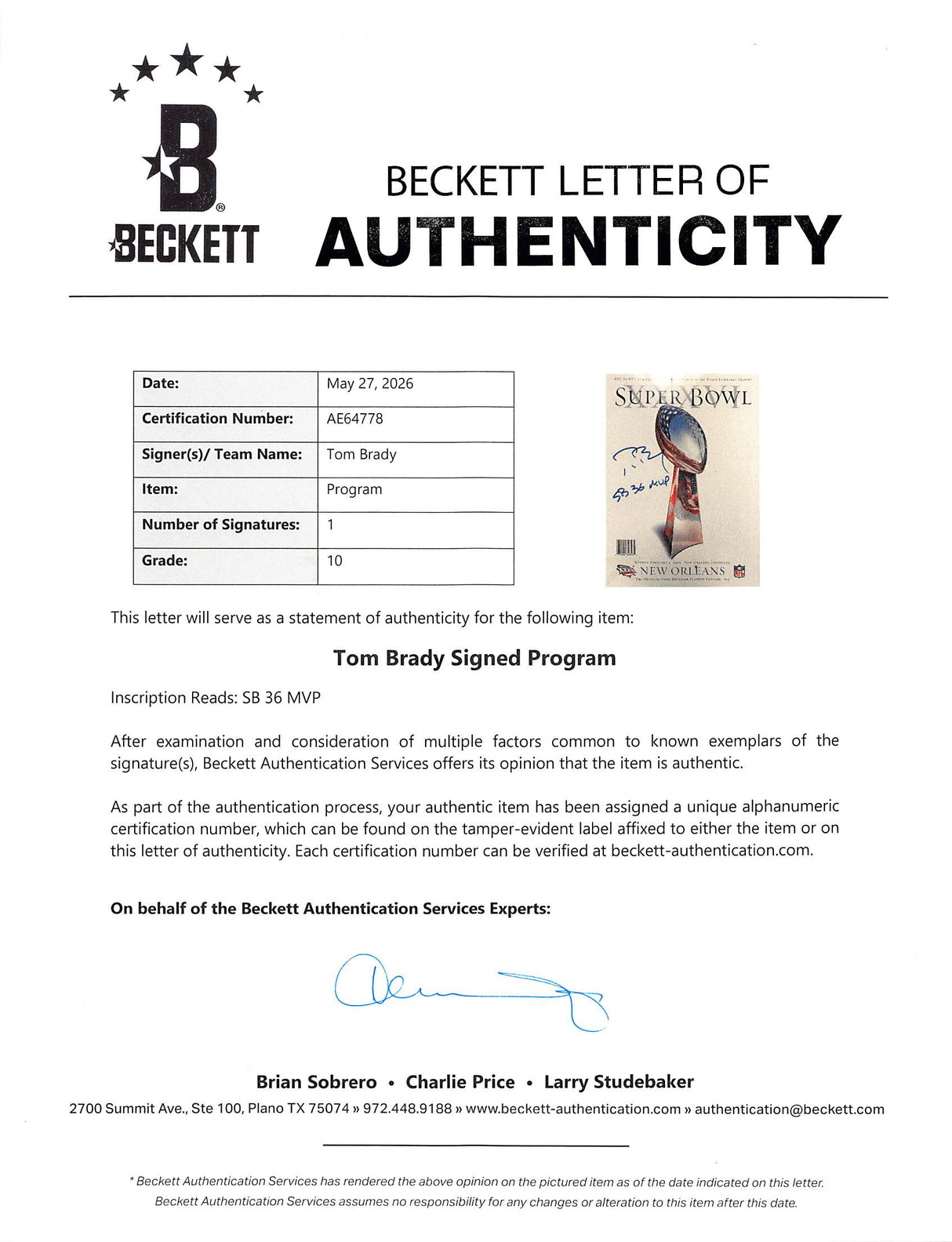 Patriots Tom Brady SB XXXVI MVP Signed Official SB XXXVI Program Auto 10! BAS