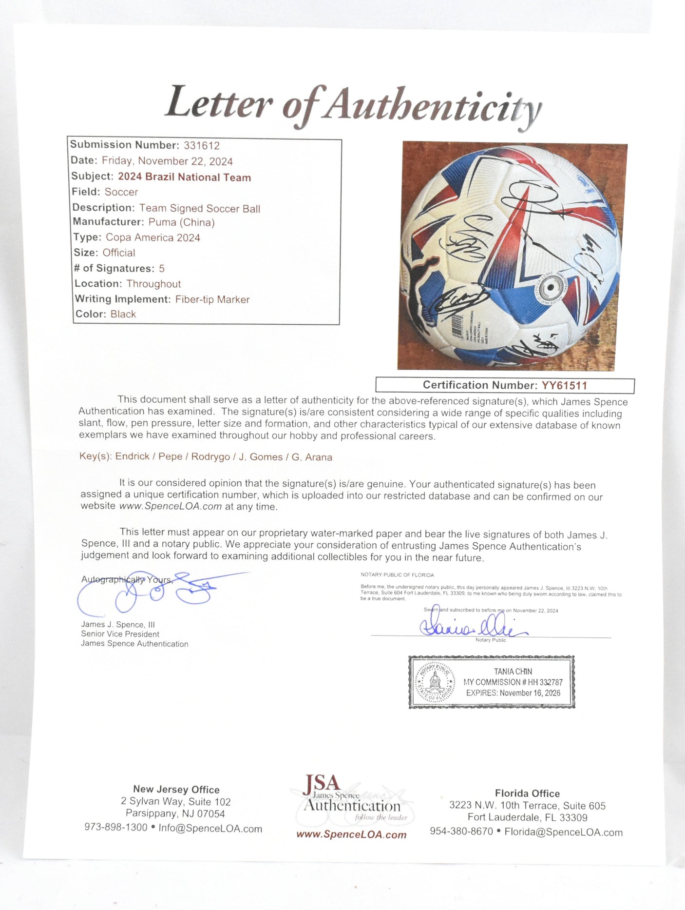 Endrick/Pepe/Rodrygo/J. Gomes/G. Arana Autographed Puma Soccer Ball - JSA