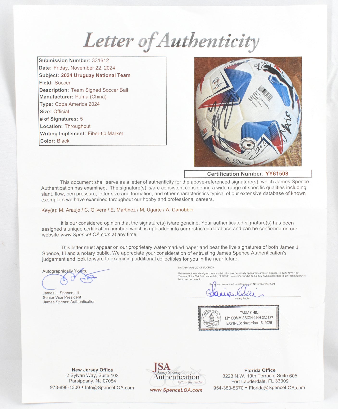 Araujo/ C. Olivera/ E. Martinez/ M. Ugarte/A. Canobbio Signed Soccer Ball JSA