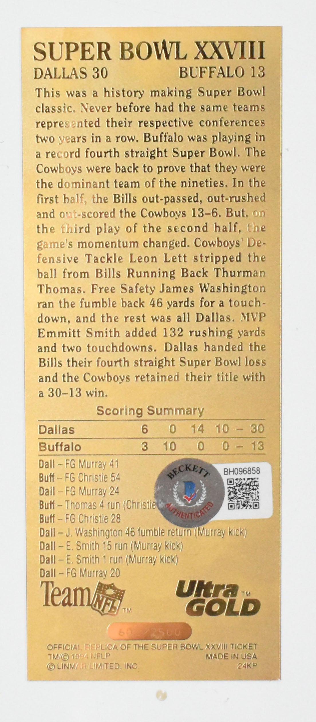 Jimmy Johnson Signed Cowboys Replica Gold Super Bowl XXVIII Ticket- Beckett Holo