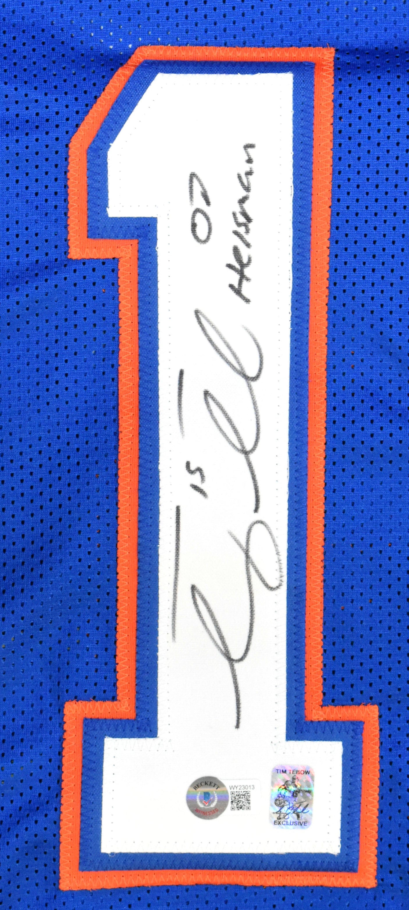 Tim Tebow Autographed Blue College Style Jersey w/Heisman - Beckett W Hologram