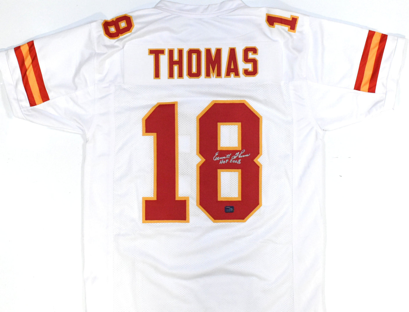 Emmitt Thomas Autographed White Pro Style Jersey w/HOF - Prova *Silver