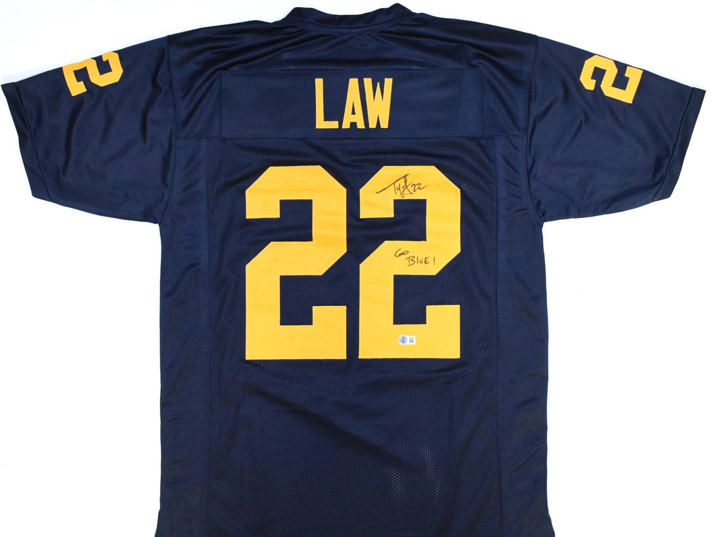 Ty Law Autographed Blue College Style Jersey w/ Go Blue - Beckett W Hologram