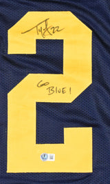 Ty Law Autographed Blue College Style Jersey w/ Go Blue - Beckett W Hologram