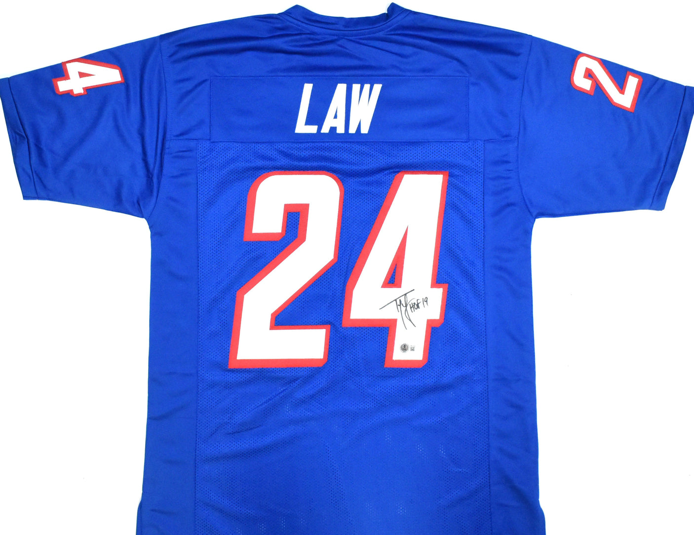 Ty Law Autographed Blue Pro Style Jersey w/ HOF - Beckett W Hologram *Black