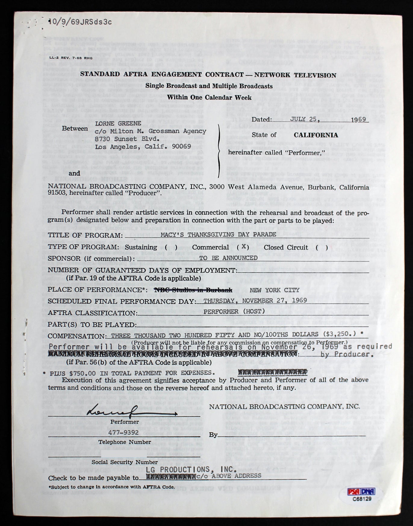 Lorne Greene Bonanza Signed Macy's Thanksgiving Day Parade Contract PSA #C68129