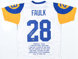 Marshall Faulk Autographed White Pro Style STAT Jersey - Beckett W Hologram