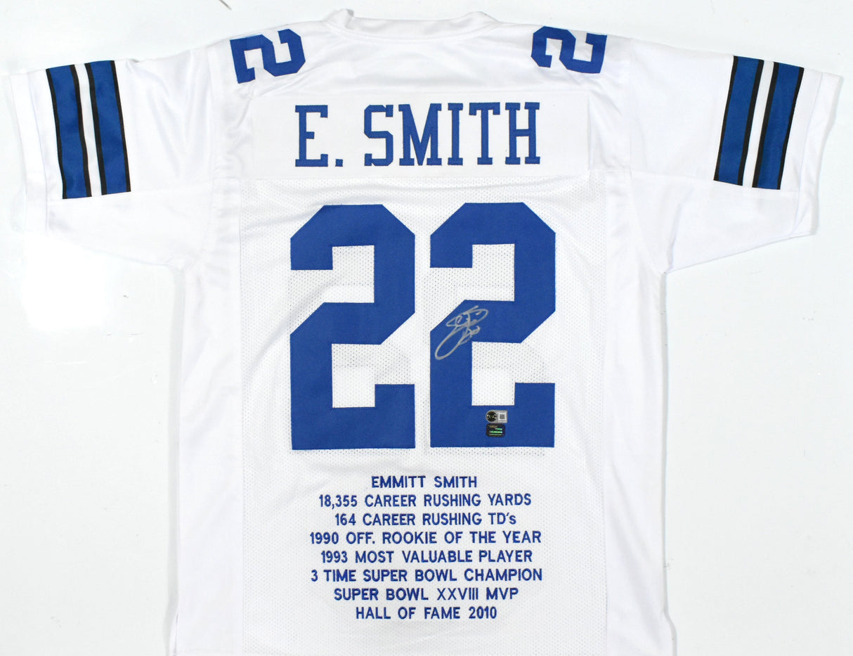 Emmitt Smith Autographed White Pro Style STAT Jersey - Beckett W Hologram