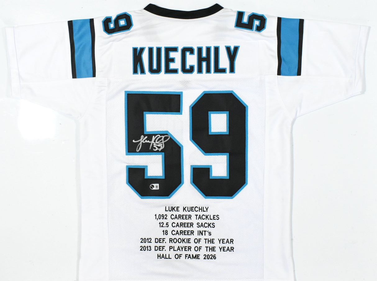 Luke Kuechly Autographed White Pro Style STAT Jersey - Beckett W Hologram