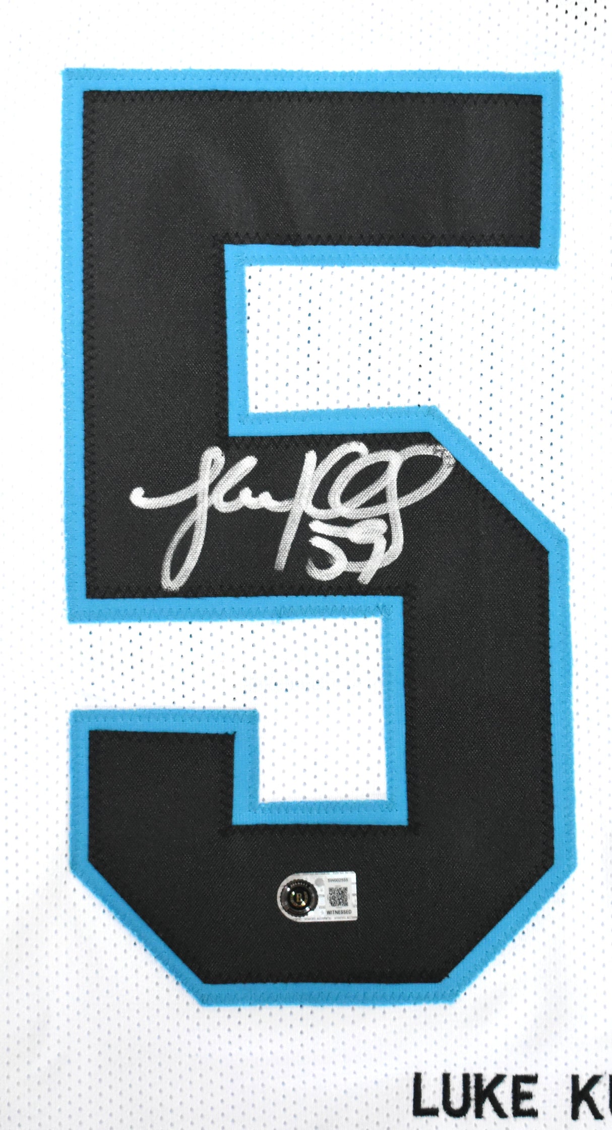 Luke Kuechly Autographed White Pro Style STAT Jersey - Beckett W Hologram