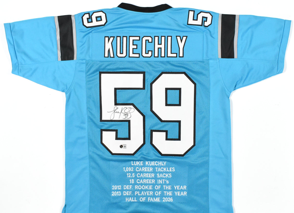 Luke Kuechly Autographed Carolina Blue Pro Style STAT Jersey - Beckett W Holo