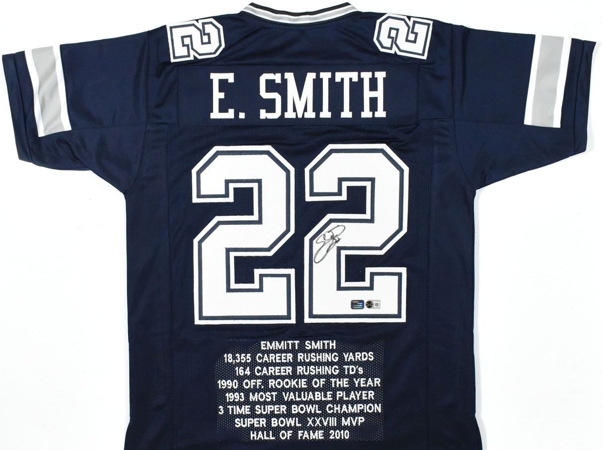 Emmitt Smith Autographed Blue Pro Style STAT Jersey - Beckett W Hologram