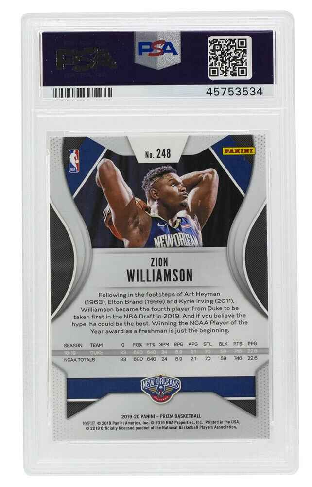 Zion Williamson Duke Slabbed 2019 Prizm #248 Basketball Card Gem Mint 10 PSA