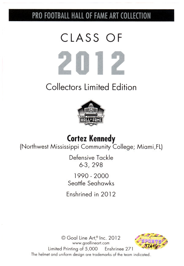 Cortez Kennedy Autographed Goal Line Art Postcard Seattle Seahawks MCS Holo Stock #110754