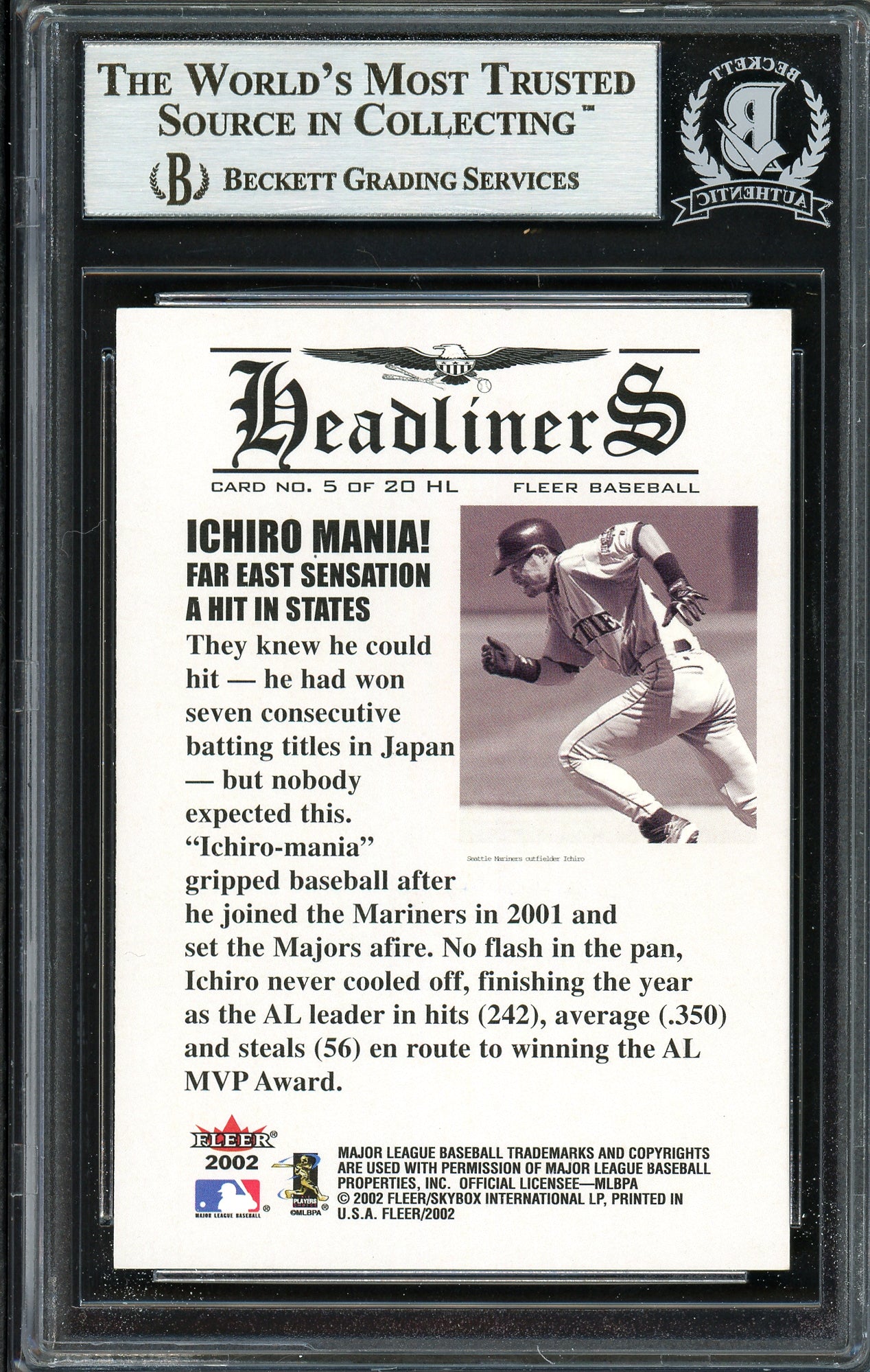 Ichiro Suzuki Autographed 2002 Fleer Headliners Card #5 Seattle Mariners Beckett BAS #12668205