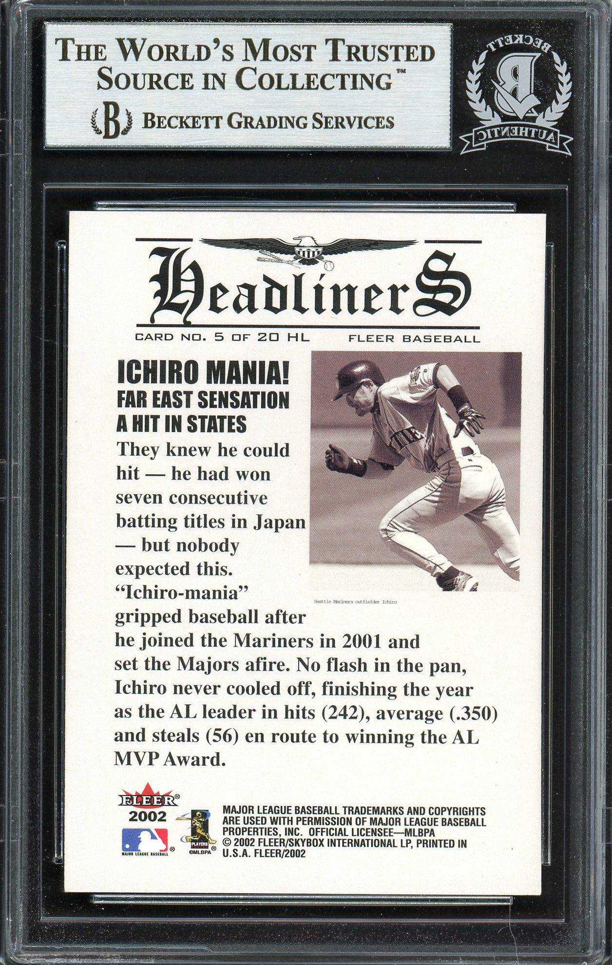 Ichiro Suzuki Autographed 2002 Fleer Headliners Card #5 Seattle Mariners Beckett BAS #12668206