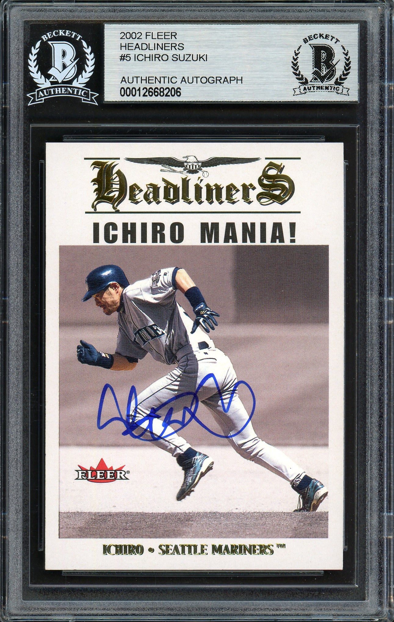 Ichiro Suzuki Autographed 2002 Fleer Headliners Card #5 Seattle Mariners Beckett BAS #12668206
