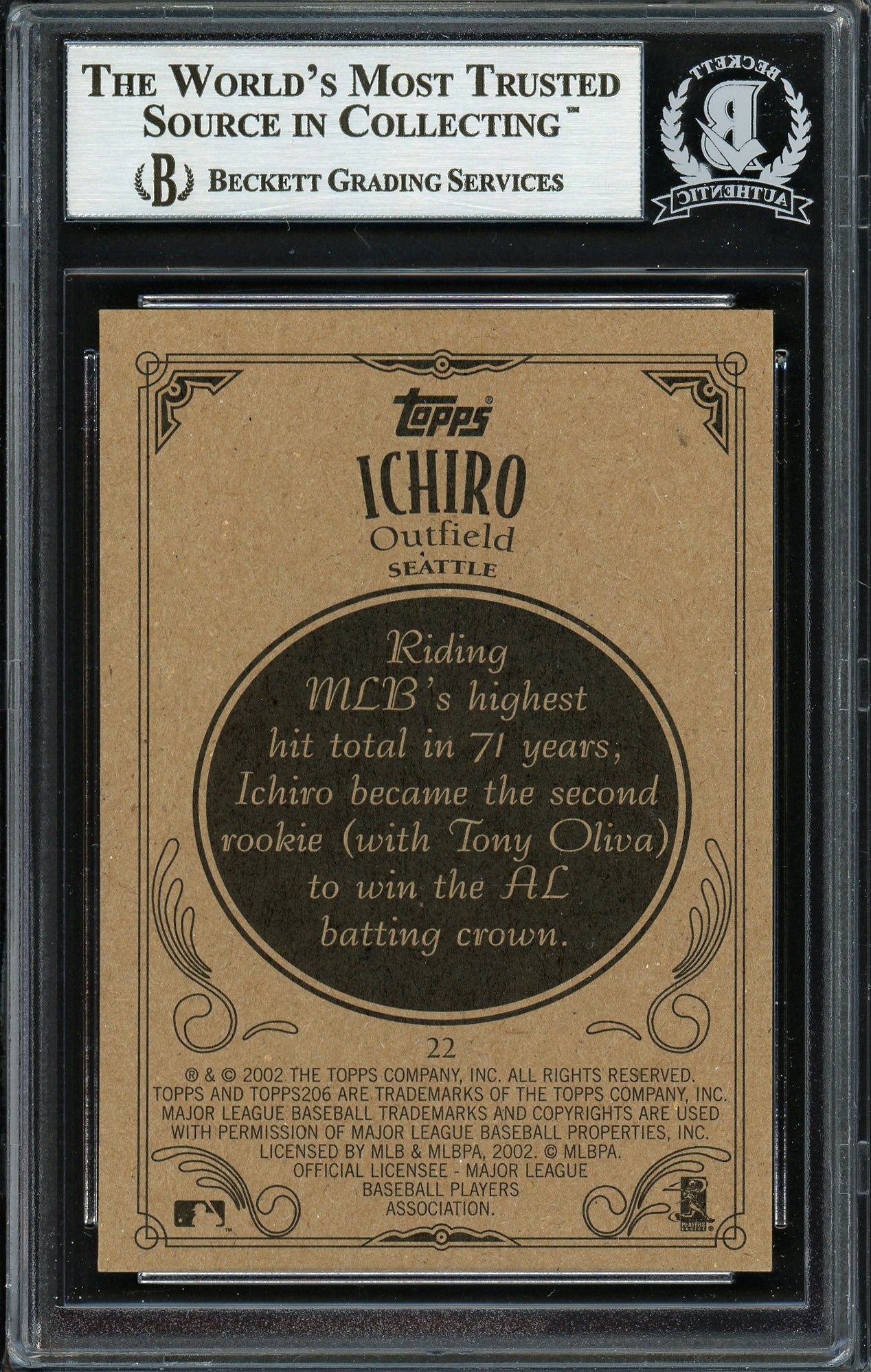 Ichiro Suzuki Autographed 2002 Topps 206 Card #22 Seattle Mariners Beckett BAS Stock #191245