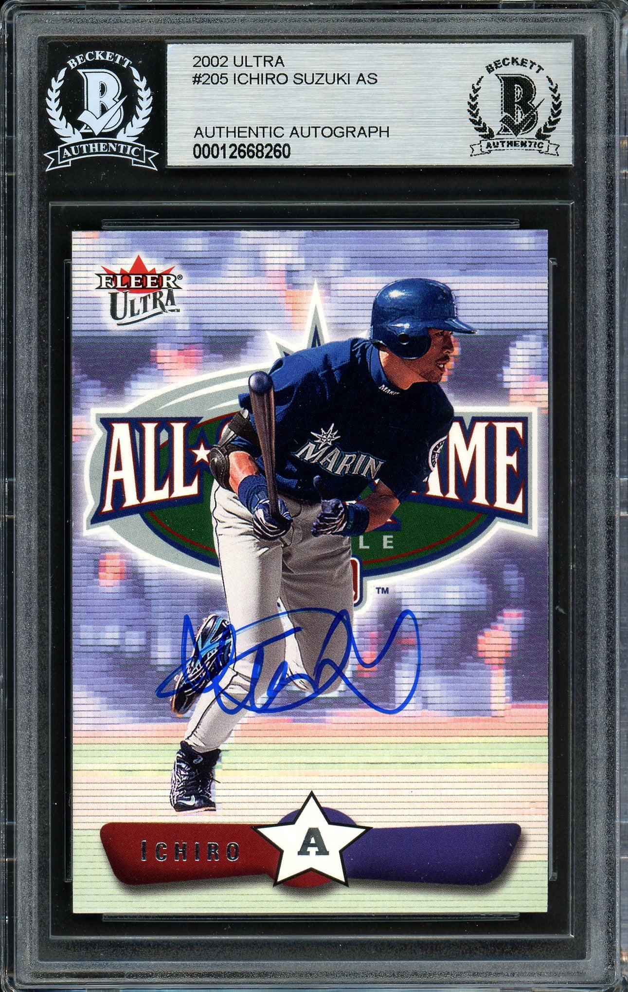 Ichiro Suzuki Autographed 2002 Fleer Ultra Card #205 Seattle Mariners Beckett BAS Stock #191248