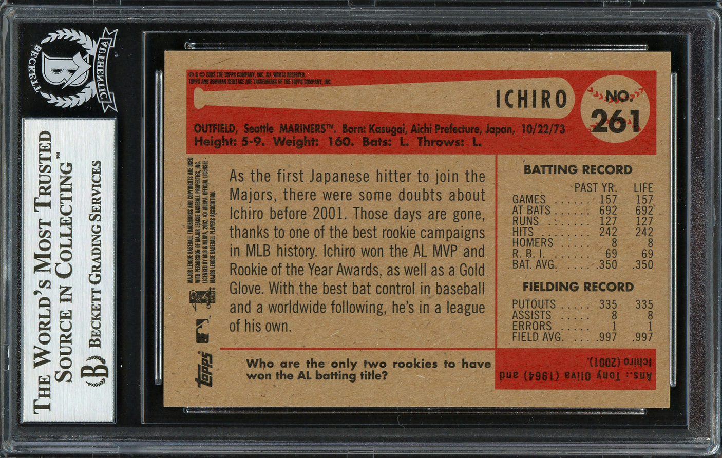 Ichiro Suzuki Autographed 2002 Bowman Heritage Card #261 Seattle Mariners Beckett BAS Stock #191255