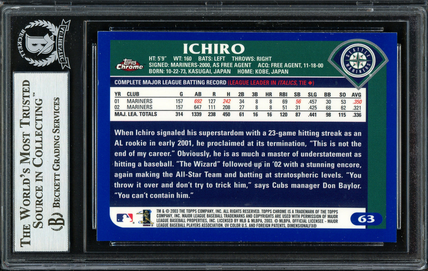Ichiro Suzuki Autographed 2003 Topps Chrome Card #63 Seattle Mariners Beckett BAS Stock #191261