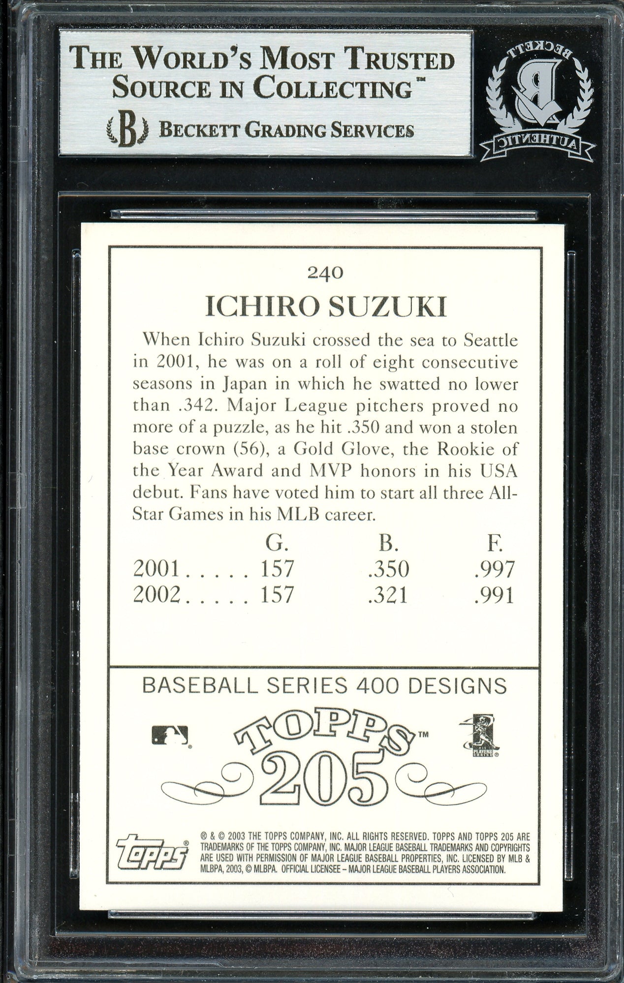 Ichiro Suzuki Autographed 2003 Topps 205 Card #240 Seattle Mariners Beckett BAS Stock #191265