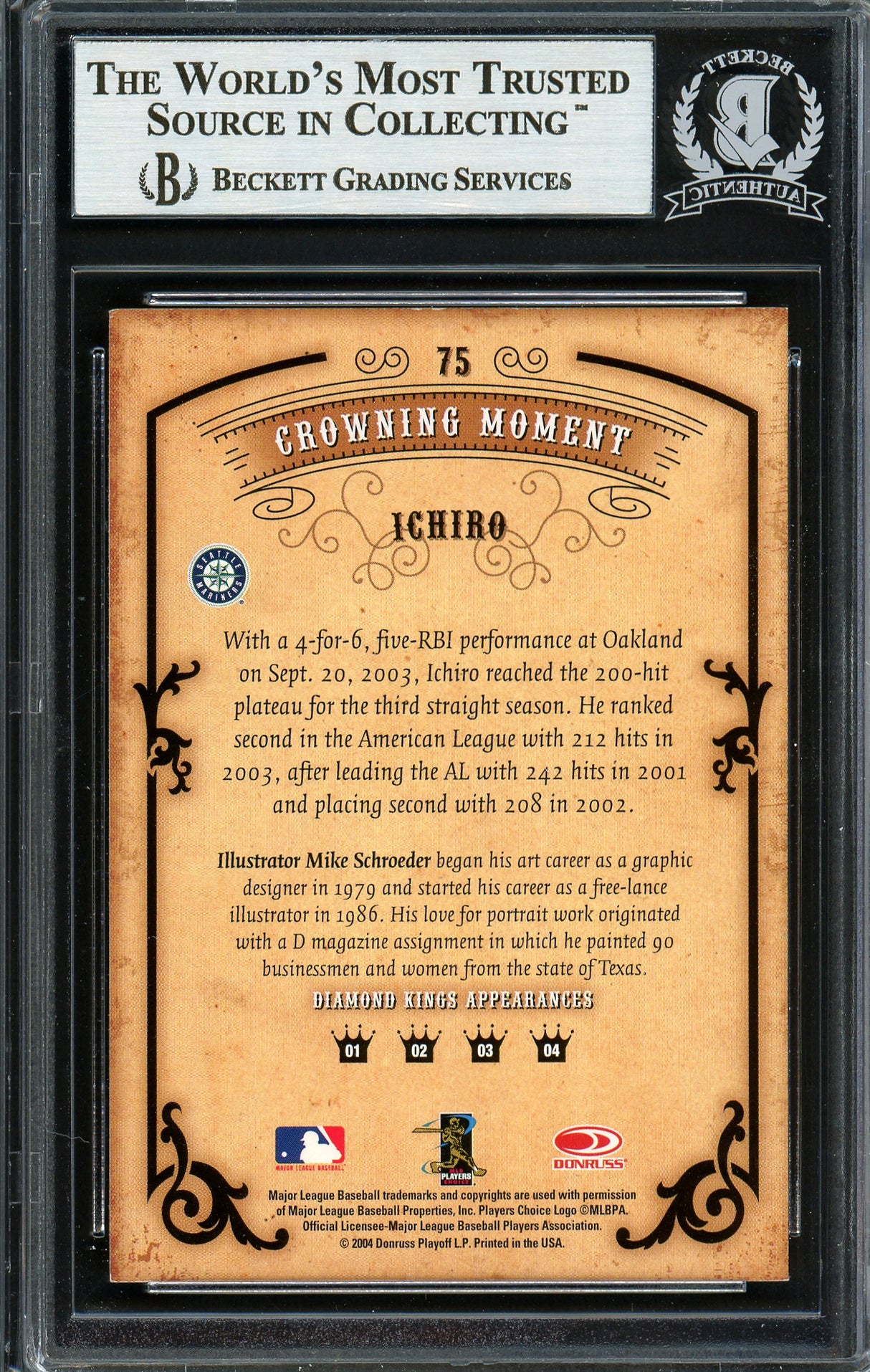 Ichiro Suzuki Autographed 2004 Donruss Diamond Kings Card #75 Seattle Mariners Beckett BAS Stock #191268