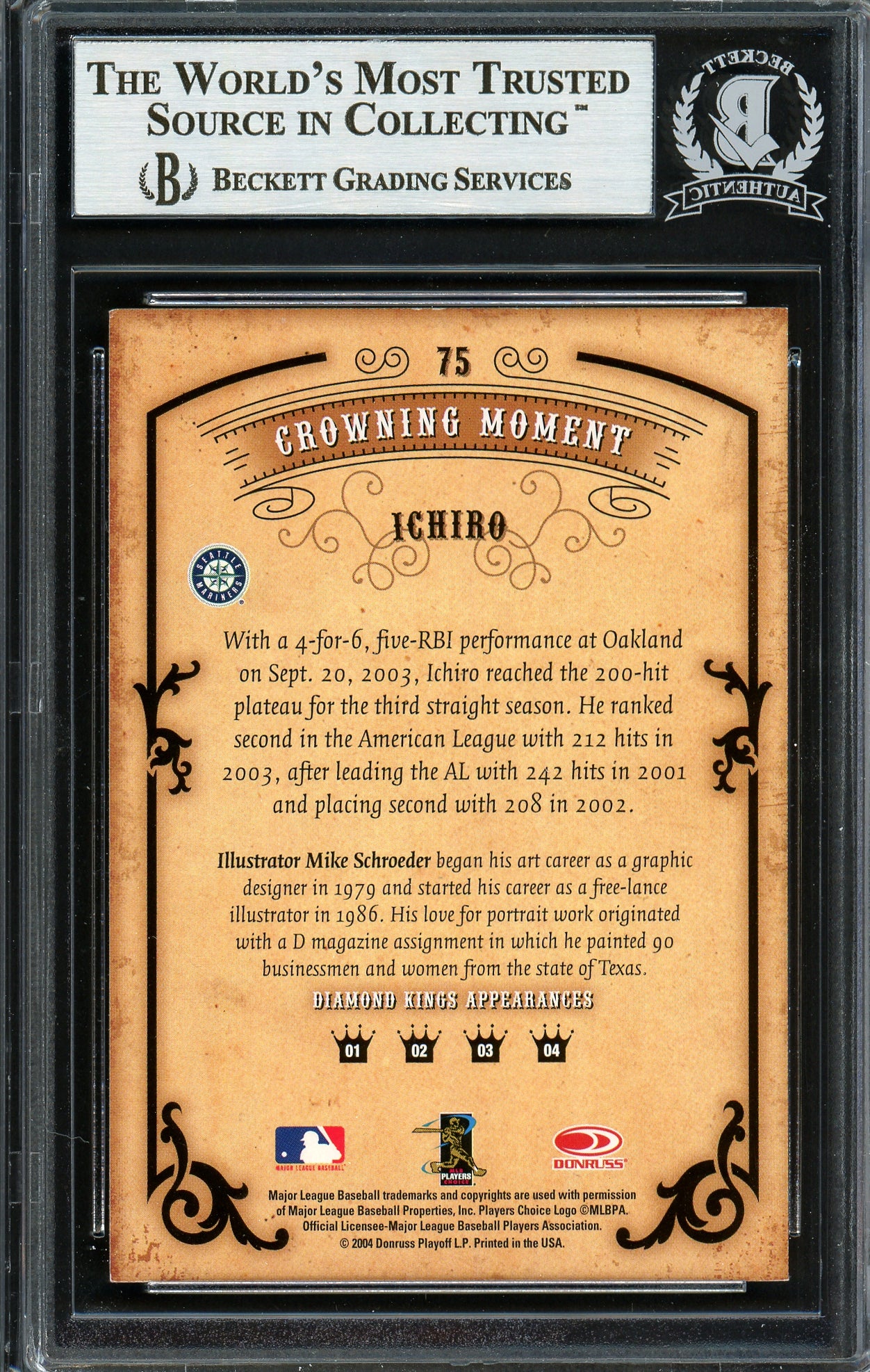 Ichiro Suzuki Autographed 2004 Donruss Diamond Kings Card #75 Seattle Mariners Beckett BAS Stock #191268