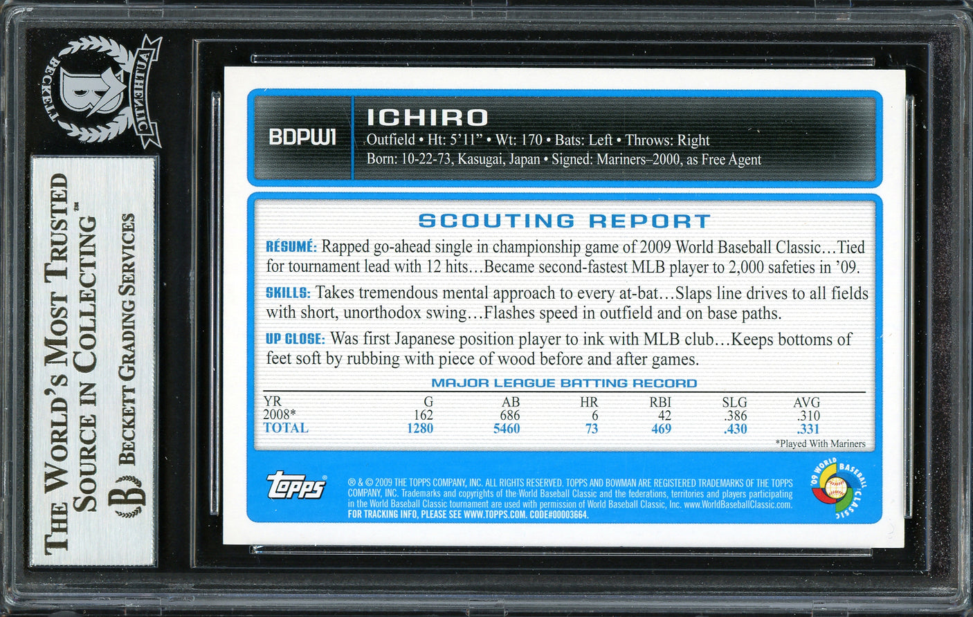 Ichiro Suzuki Autographed 2009 Bowman Draft Gold Card #BDPW1 Japan Beckett BAS Stock #191311