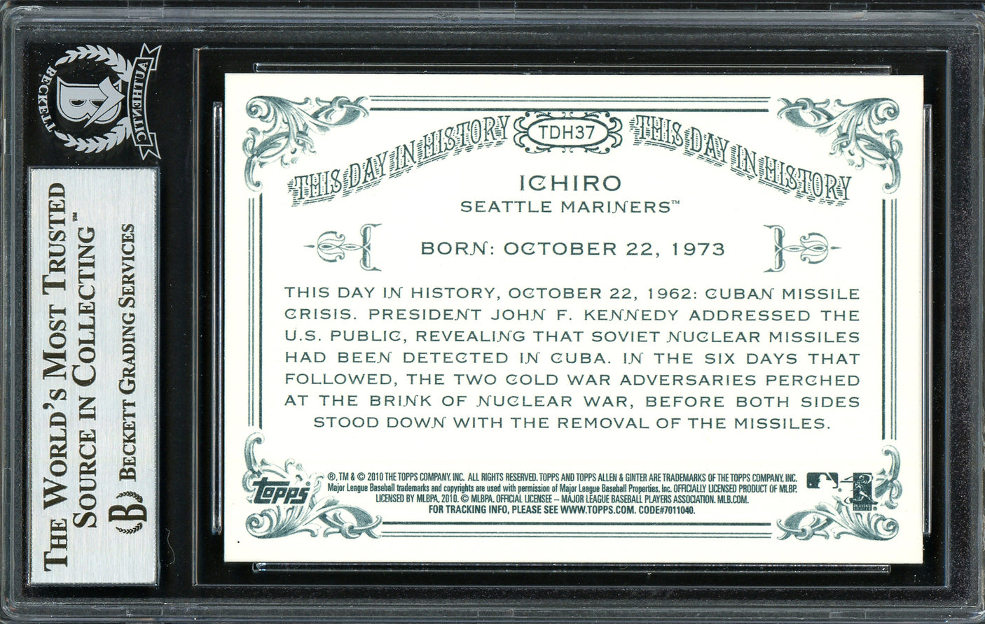 Ichiro Suzuki Autographed 2010 Topps Allen & Ginter This Day In History Card #TDH37 Seattle Mariners Beckett BAS Stock #191316