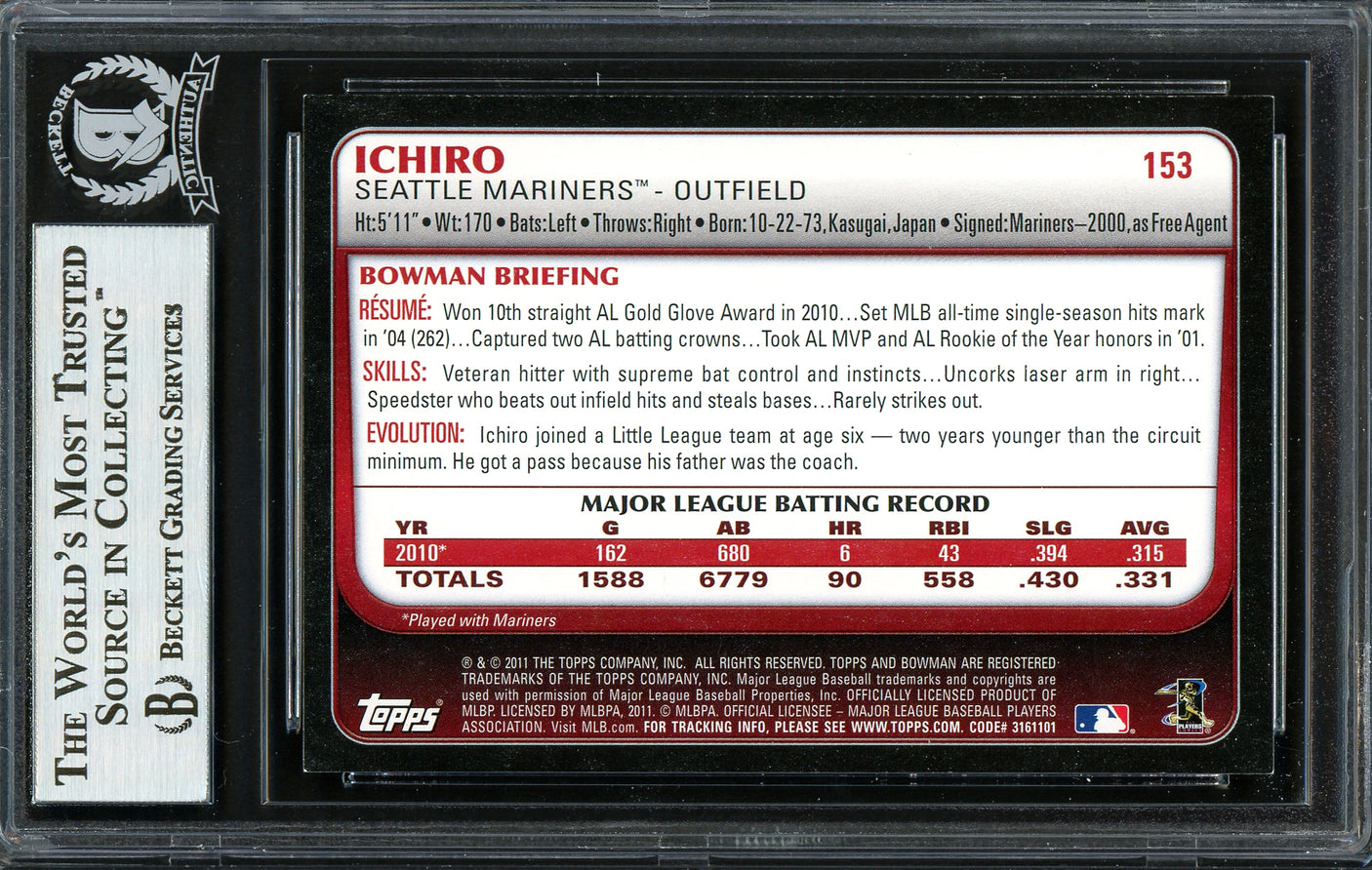 Ichiro Suzuki Autographed 2011 Bowman Card #153 Seattle Mariners Beckett BAS Stock #191330